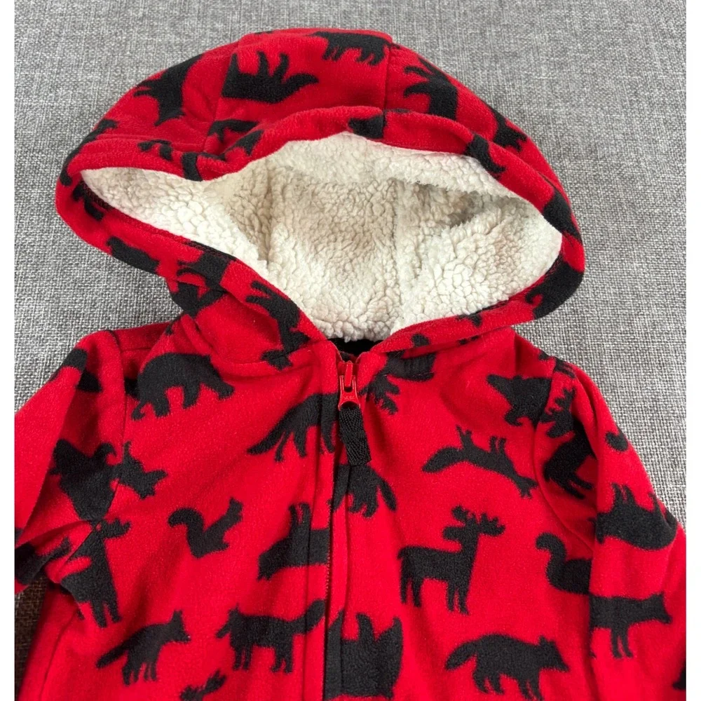 Carter's Kids Woodland Fleece Hooded Jumpsuit 18M Red Black Sherpa Bear Moose